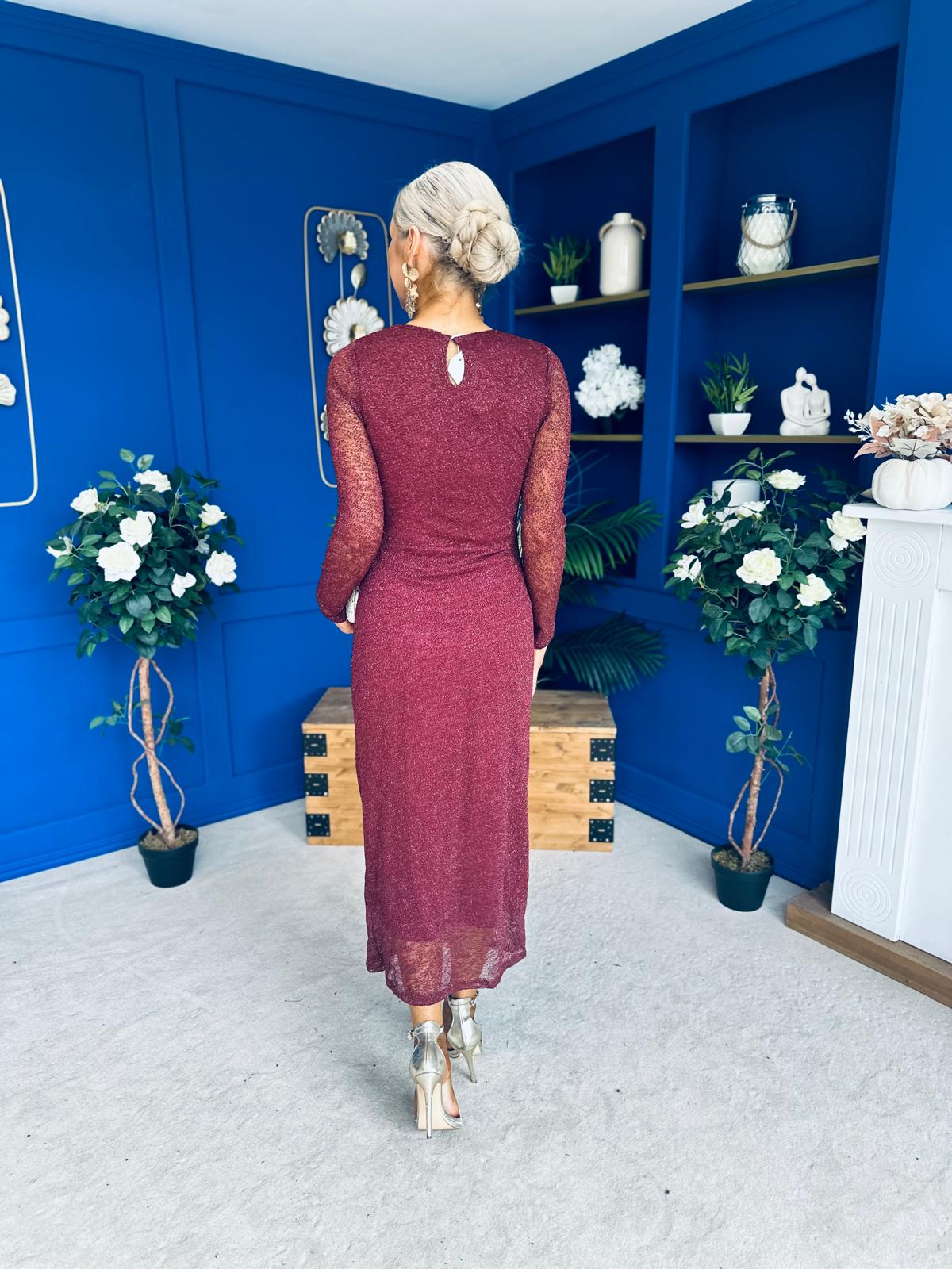 Sophia Gathered Shimmer Maxi Dress Wine