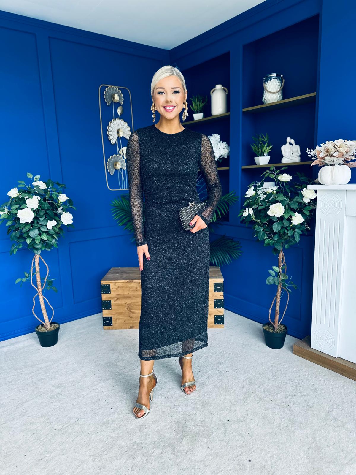 Sophia Gathered Shimmer Maxi Dress Black
