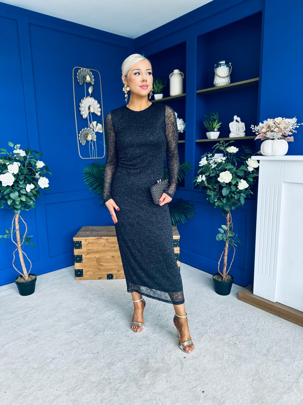 Sophia Gathered Shimmer Maxi Dress Black