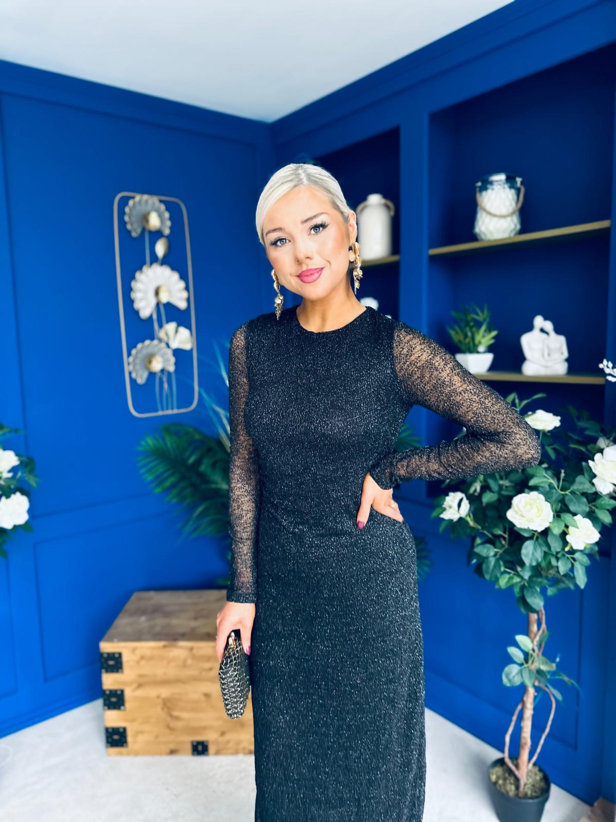 Sophia Gathered Shimmer Maxi Dress Black