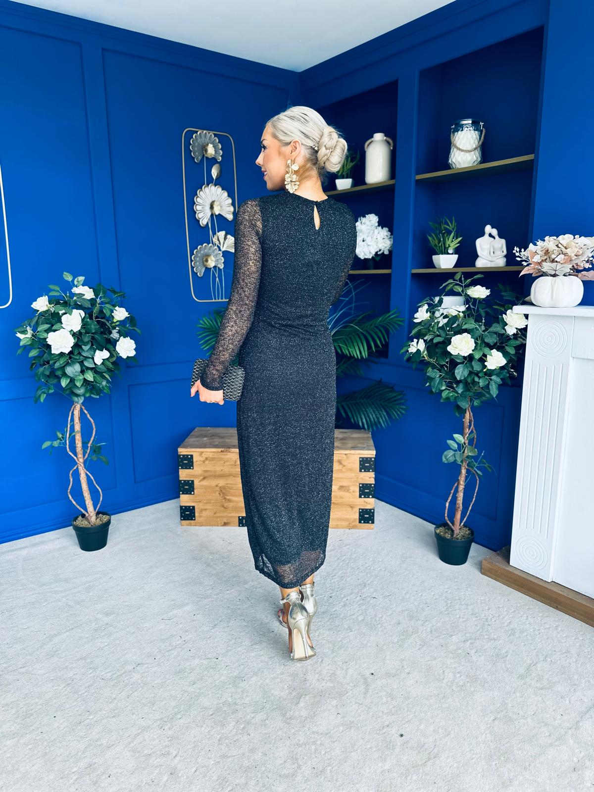Sophia Gathered Shimmer Maxi Dress Black
