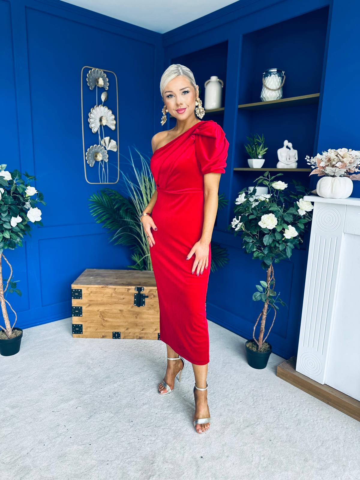 Nadia One Shoulder Velvet Occasion Dress Red