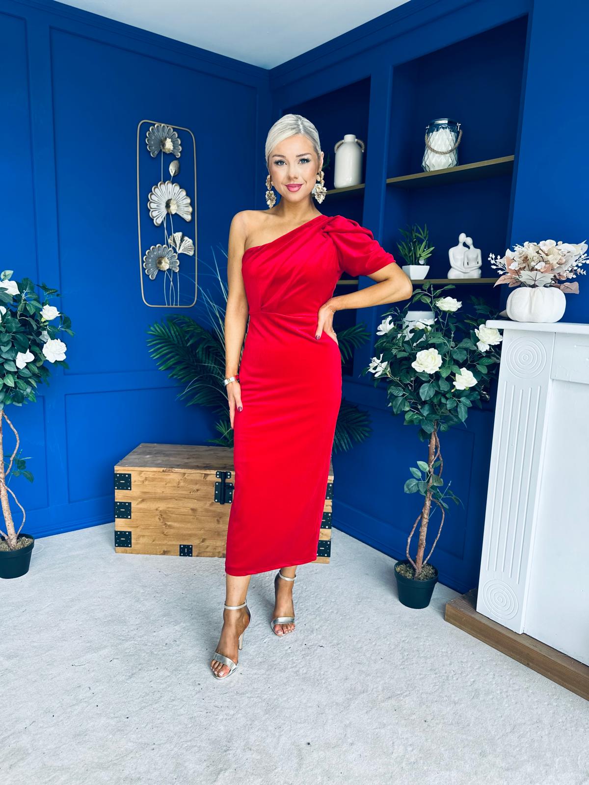 Nadia One Shoulder Velvet Occasion Dress Red