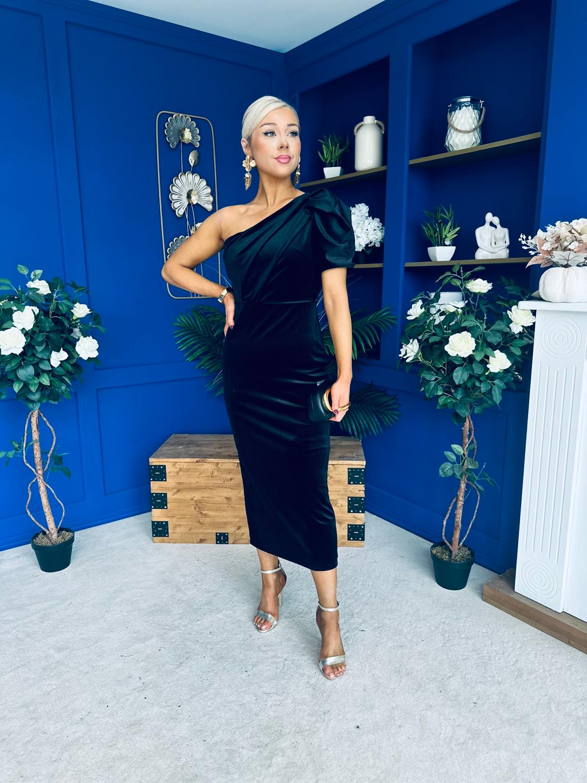 Nadia One Shoulder Velvet Occasion Dress Black
