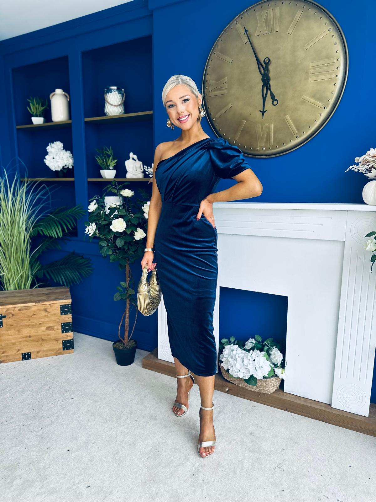 Nadia One Shoulder Velvet Occasion Dress Navy