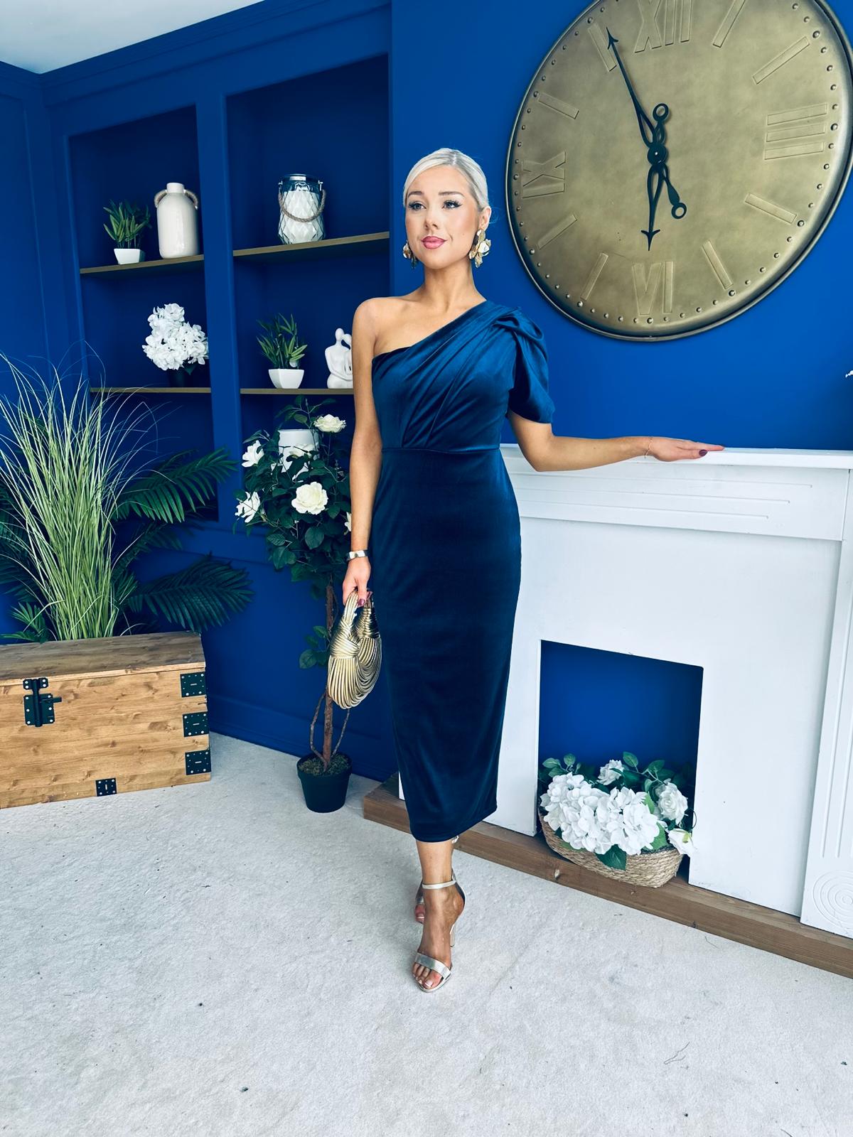 Nadia One Shoulder Velvet Occasion Dress Navy