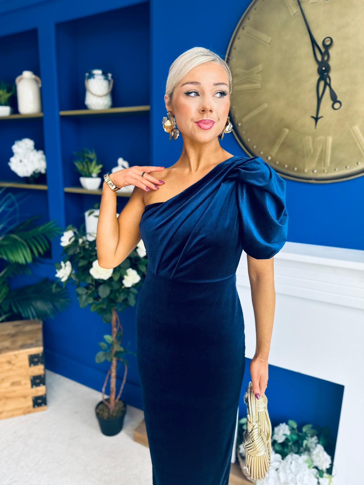 Nadia One Shoulder Velvet Occasion Dress Navy