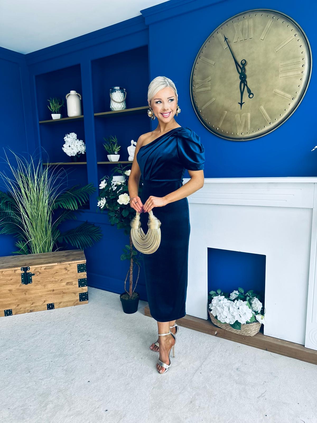 Nadia One Shoulder Velvet Occasion Dress Navy