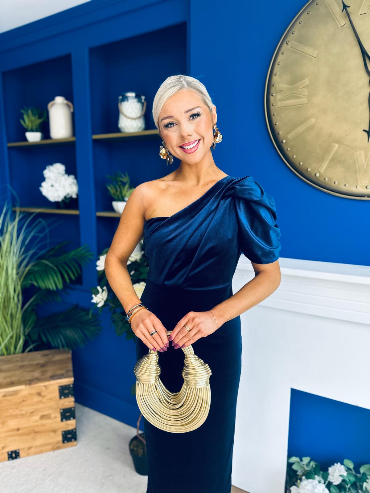 Nadia One Shoulder Velvet Occasion Dress Navy