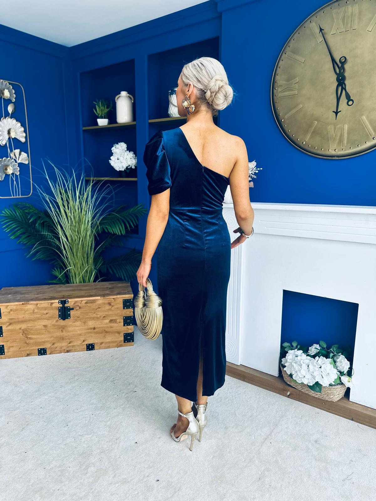 Nadia One Shoulder Velvet Occasion Dress Navy
