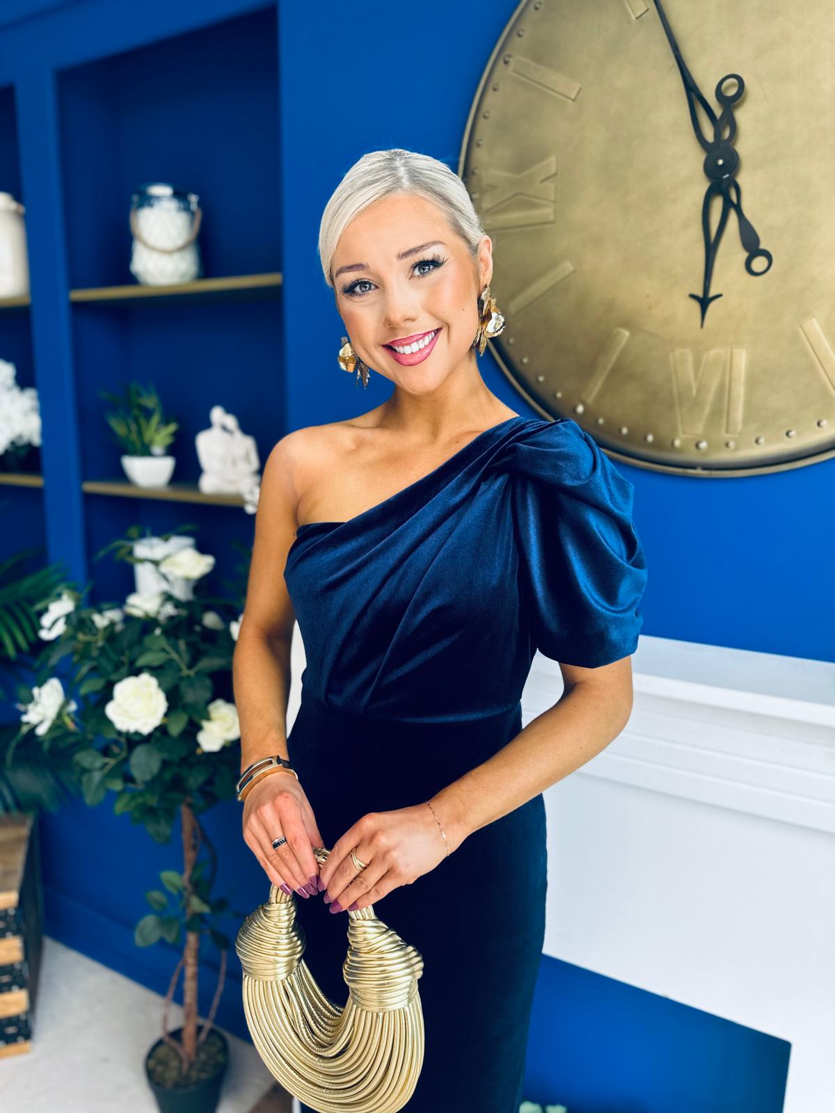 Nadia One Shoulder Velvet Occasion Dress Navy