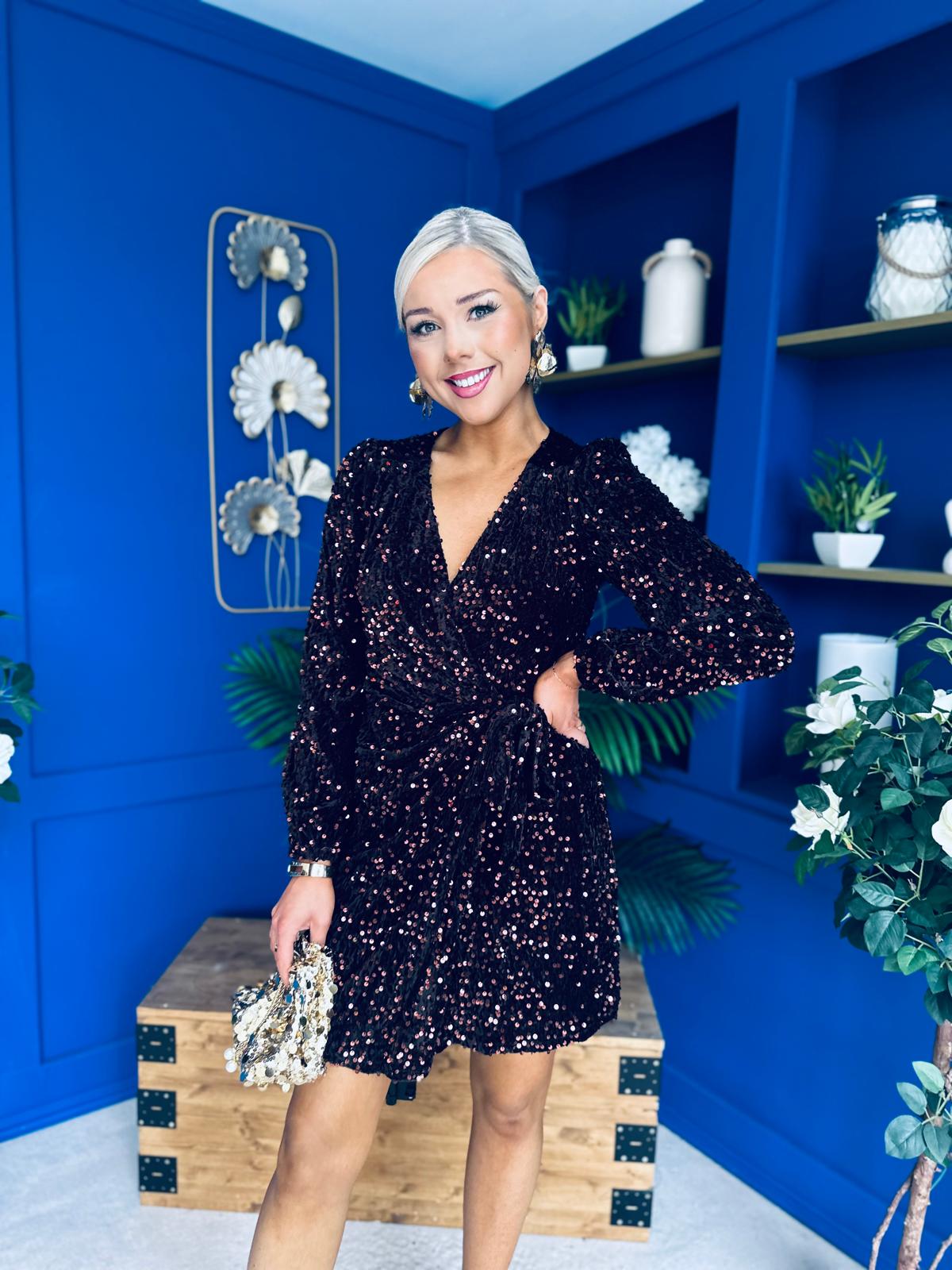Freah Detailed Sequin Mini Dress Coffee