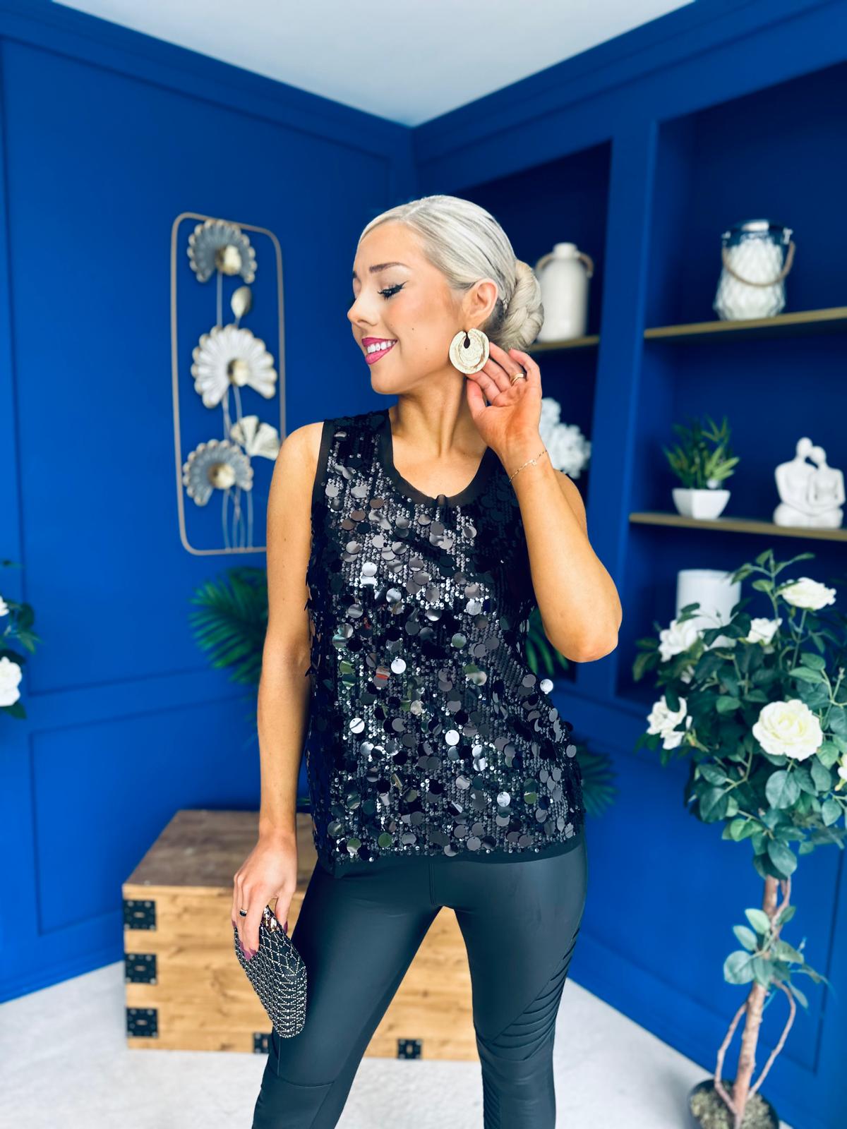 Kloe Large Sequin Top Black