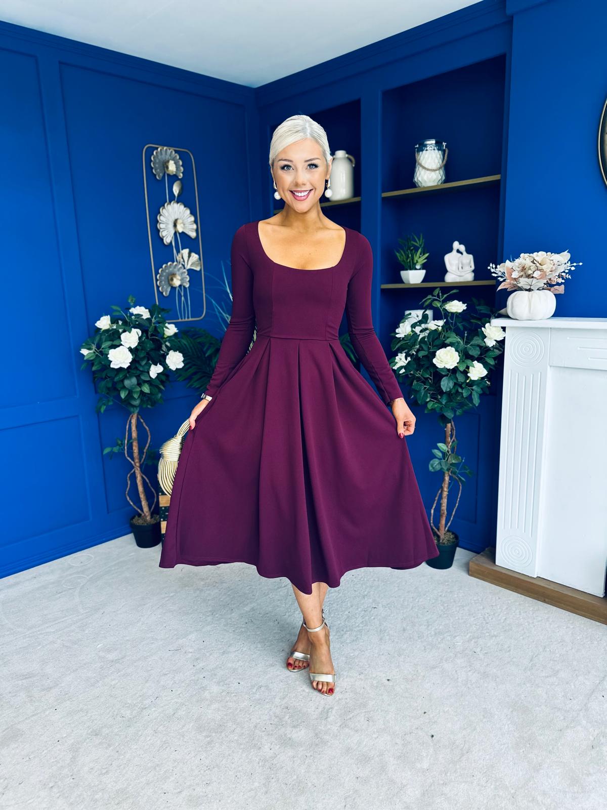Evie Square Neck Long Sleeve Midi Dress Plum