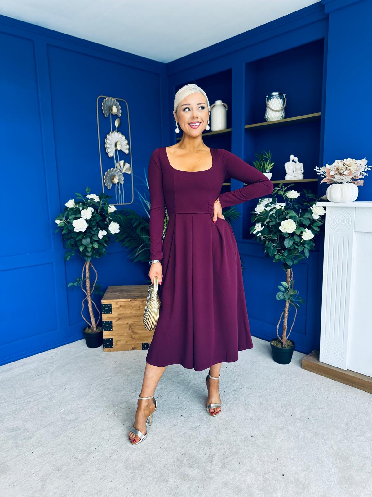 Evie Square Neck Long Sleeve Midi Dress Plum