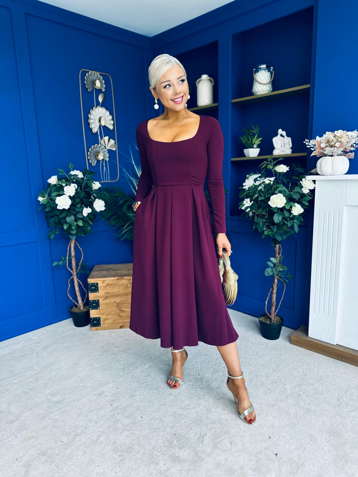 Evie Square Neck Long Sleeve Midi Dress Plum