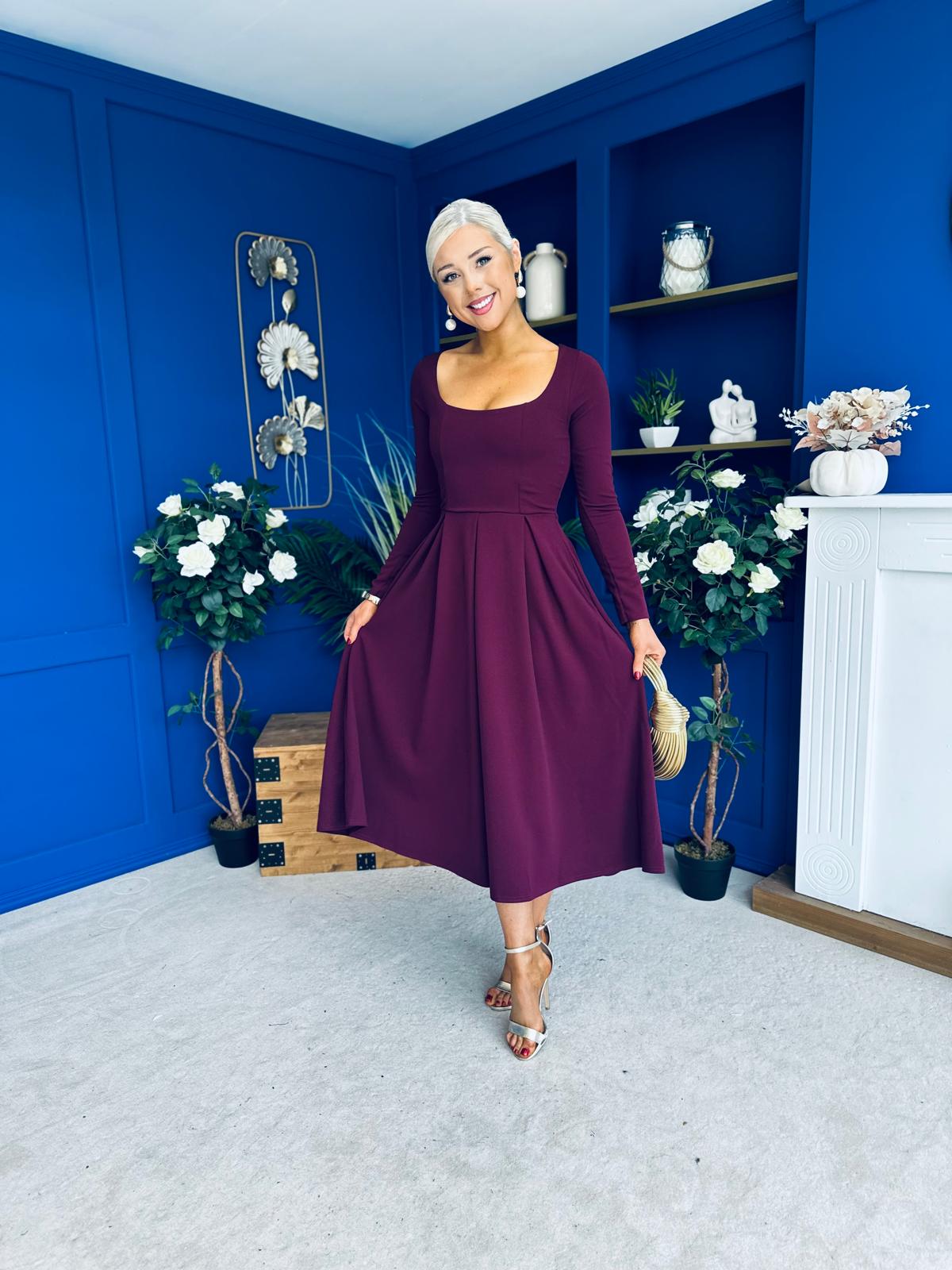 Evie Square Neck Long Sleeve Midi Dress Plum