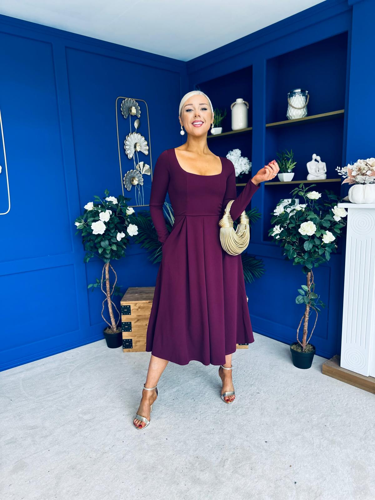 Evie Square Neck Long Sleeve Midi Dress Plum