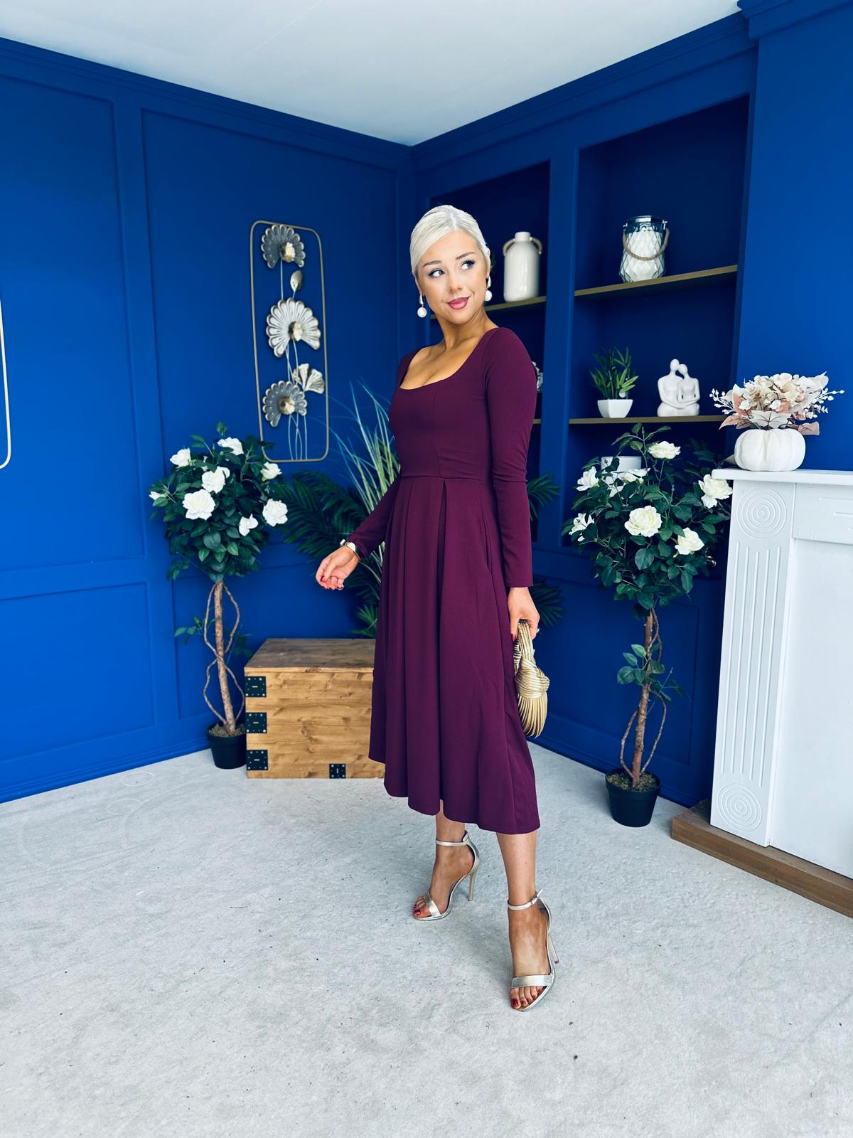 Evie Square Neck Long Sleeve Midi Dress Plum
