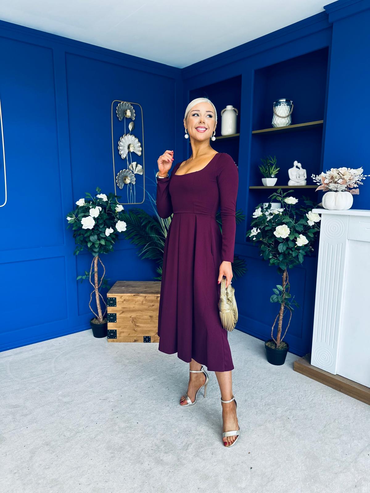 Evie Square Neck Long Sleeve Midi Dress Plum