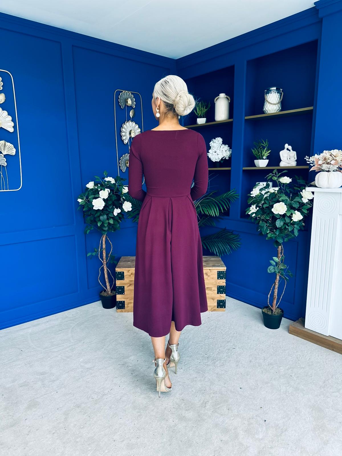 Evie Square Neck Long Sleeve Midi Dress Plum