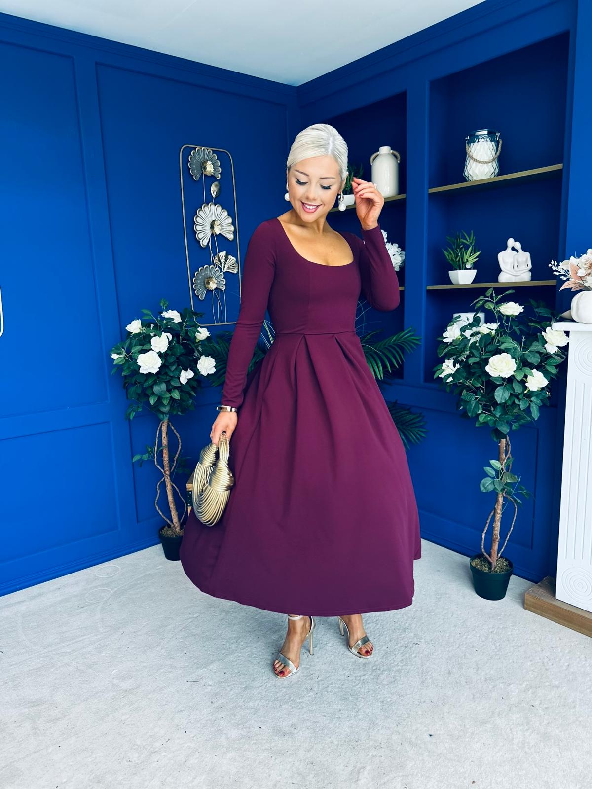 Evie Square Neck Long Sleeve Midi Dress Plum
