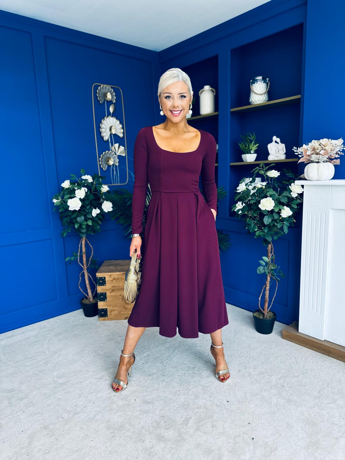 Evie Square Neck Long Sleeve Midi Dress Plum