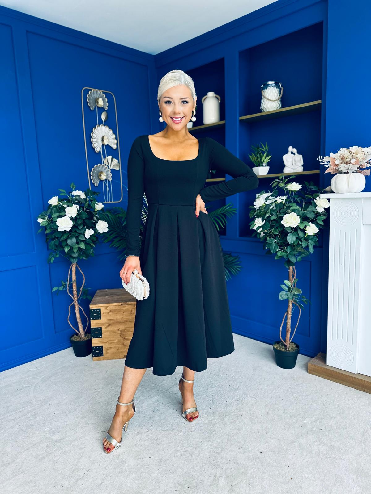 Evie Square Neck Long Sleeve Midi Dress Black