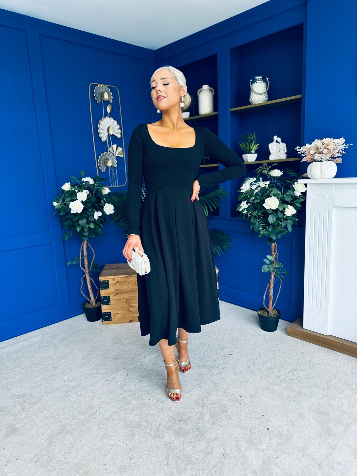 Evie Square Neck Long Sleeve Midi Dress Black