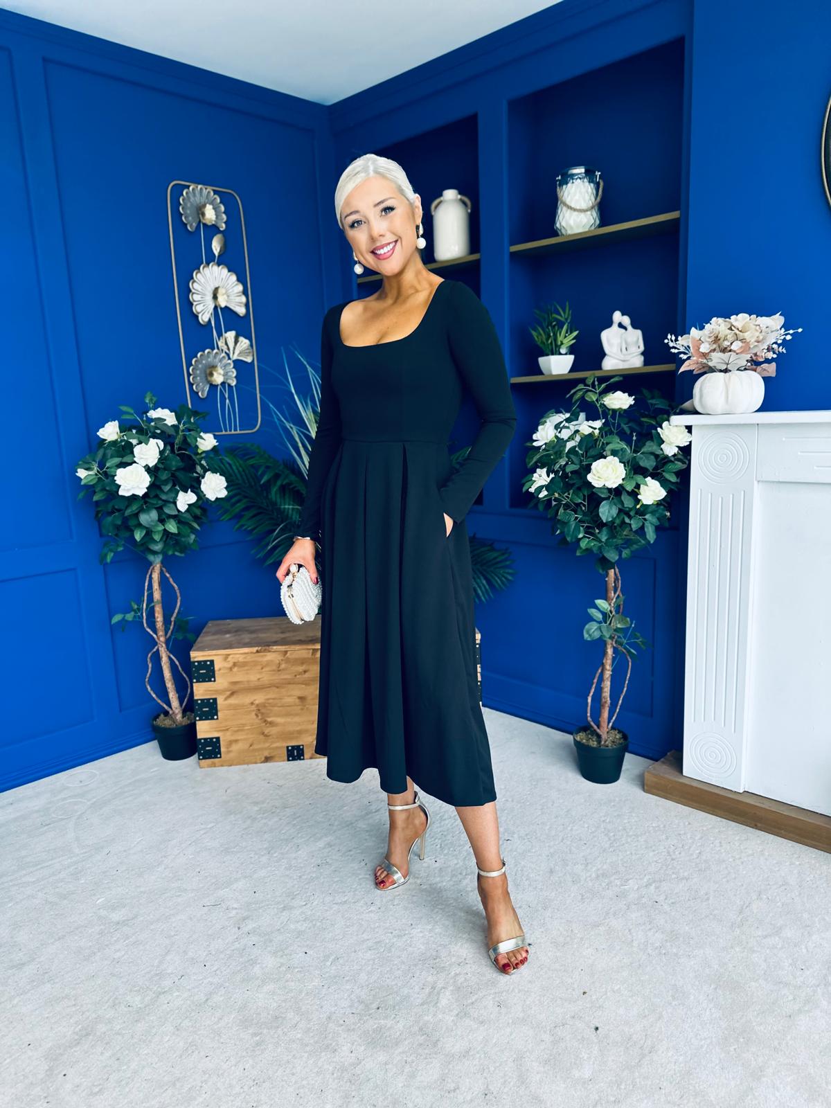 Evie Square Neck Long Sleeve Midi Dress Black