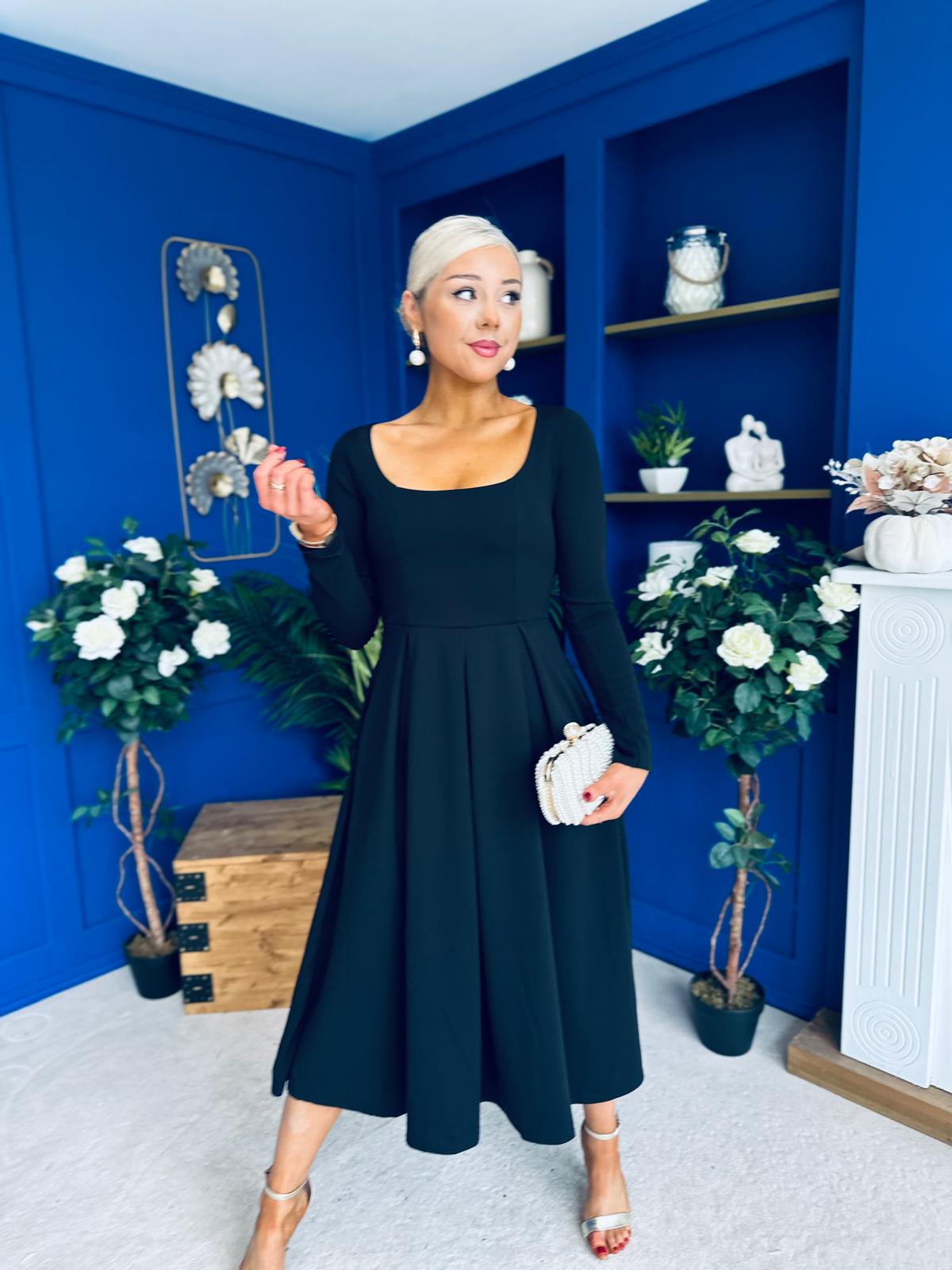 Evie Square Neck Long Sleeve Midi Dress Black