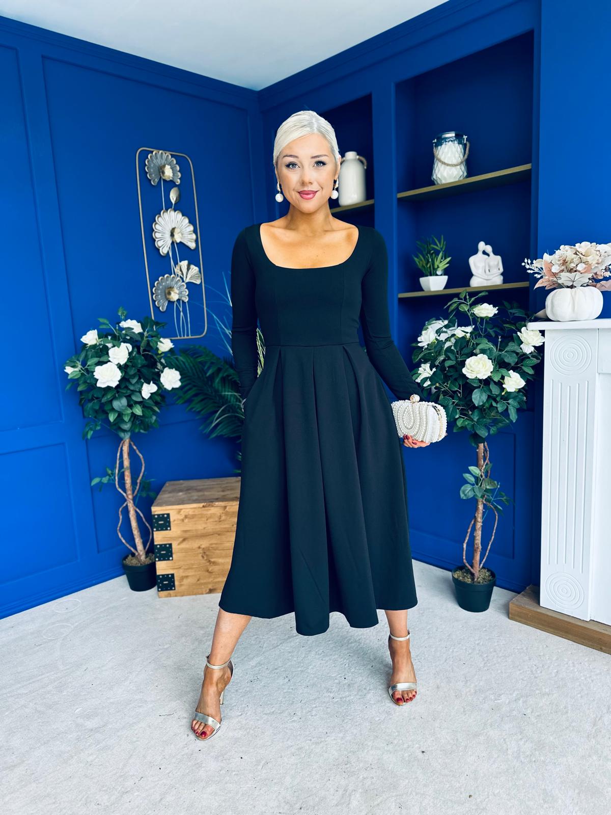 Evie Square Neck Long Sleeve Midi Dress Black