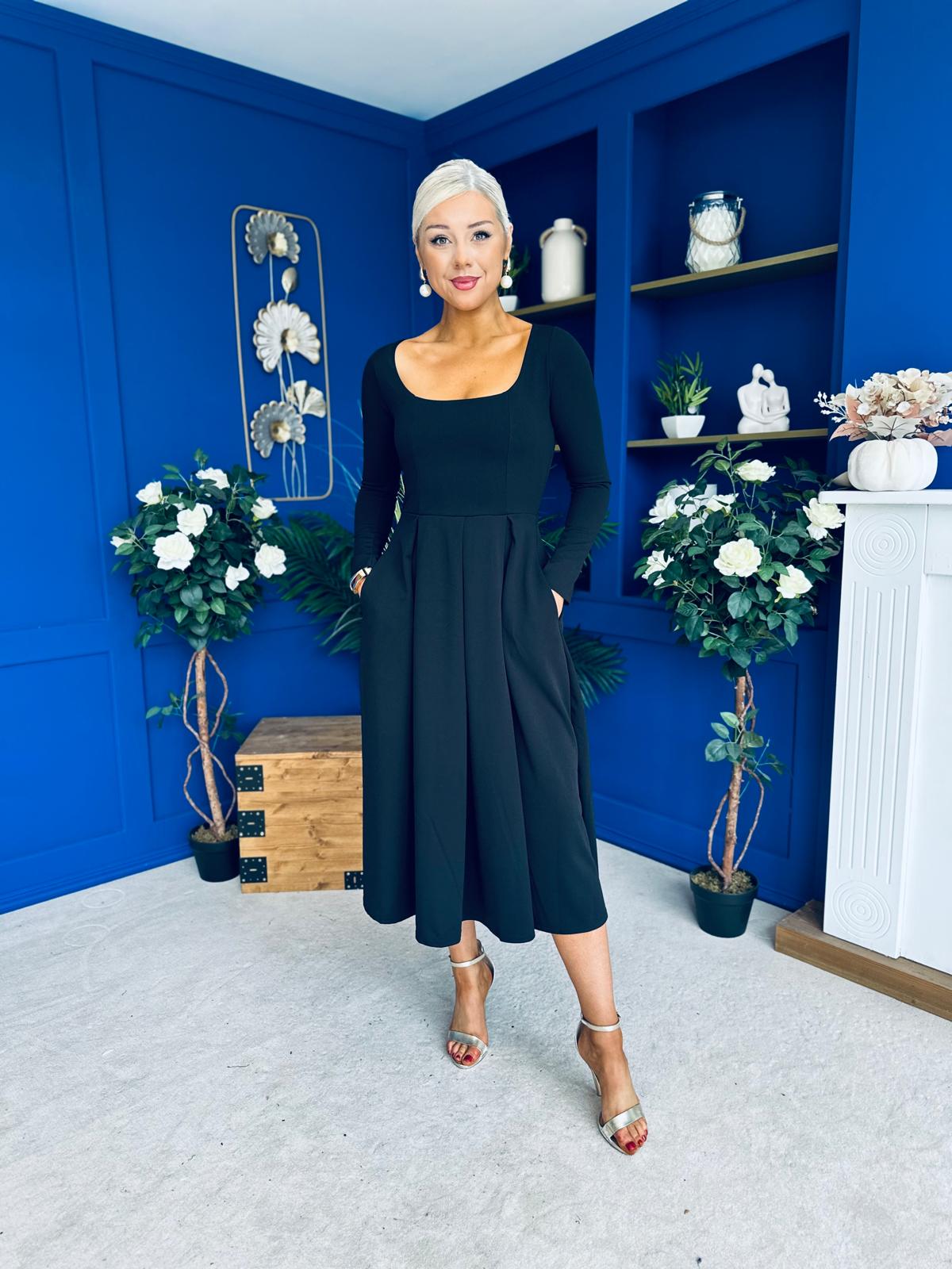 Evie Square Neck Long Sleeve Midi Dress Black