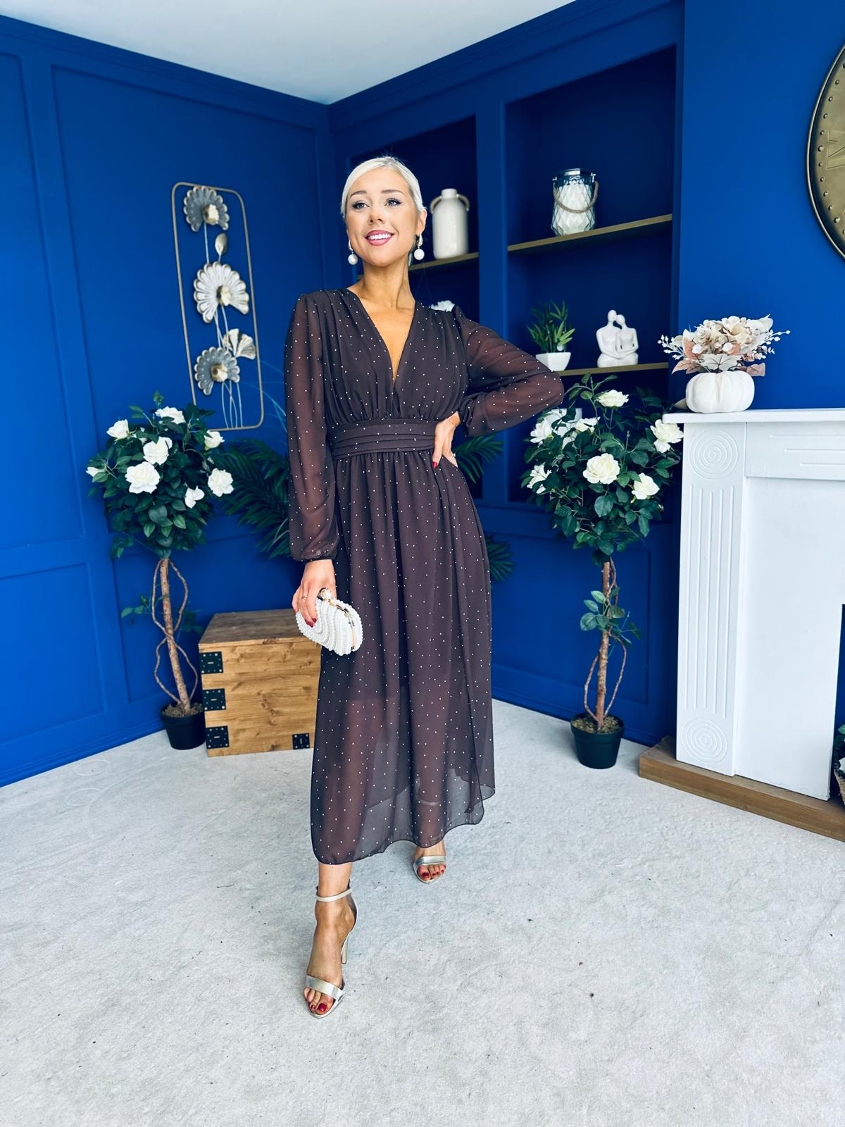 Sabrina Banded Midi Dress Polka Coffee