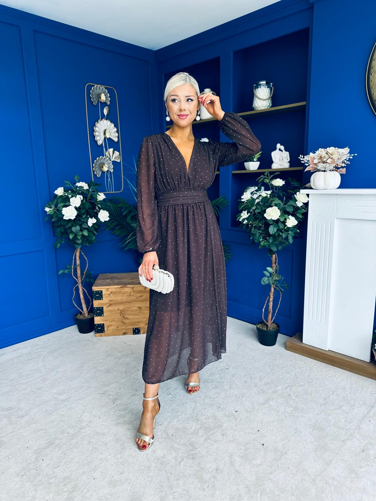 Sabrina Banded Midi Dress Polka Coffee