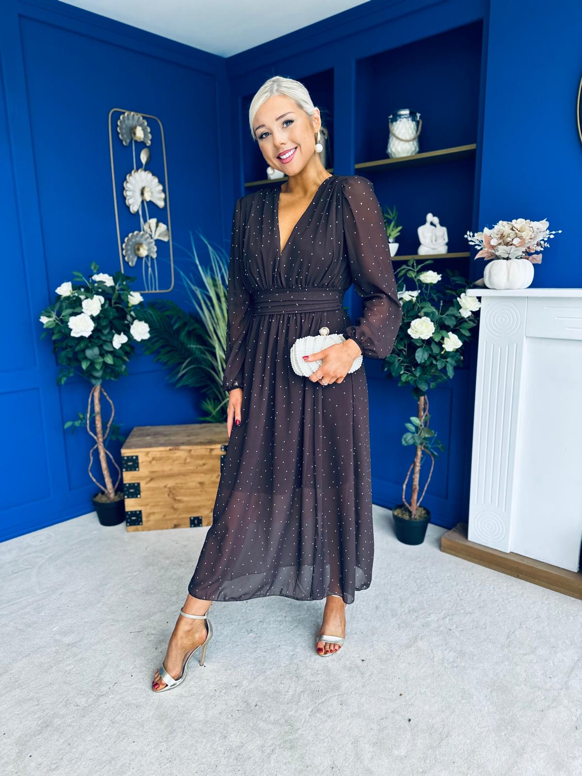 Sabrina Banded Midi Dress Polka Coffee