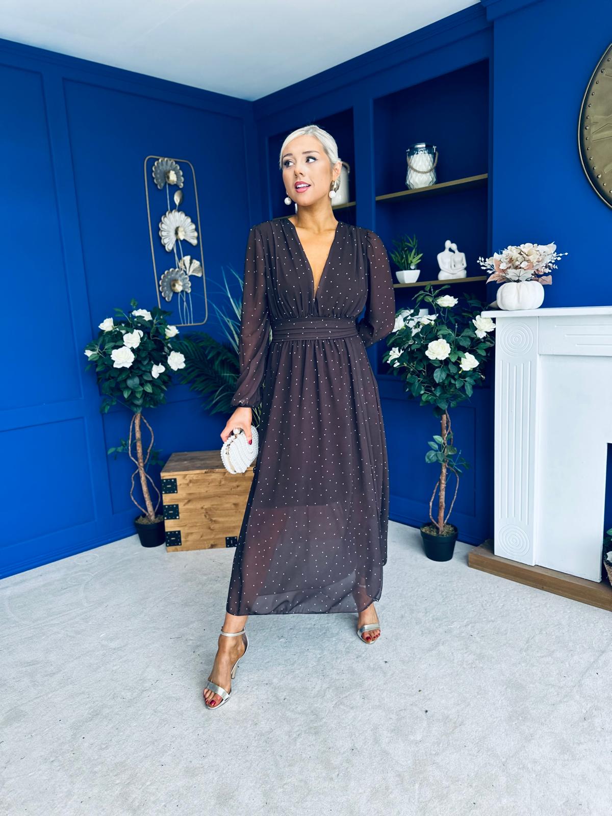Sabrina Banded Midi Dress Polka Coffee