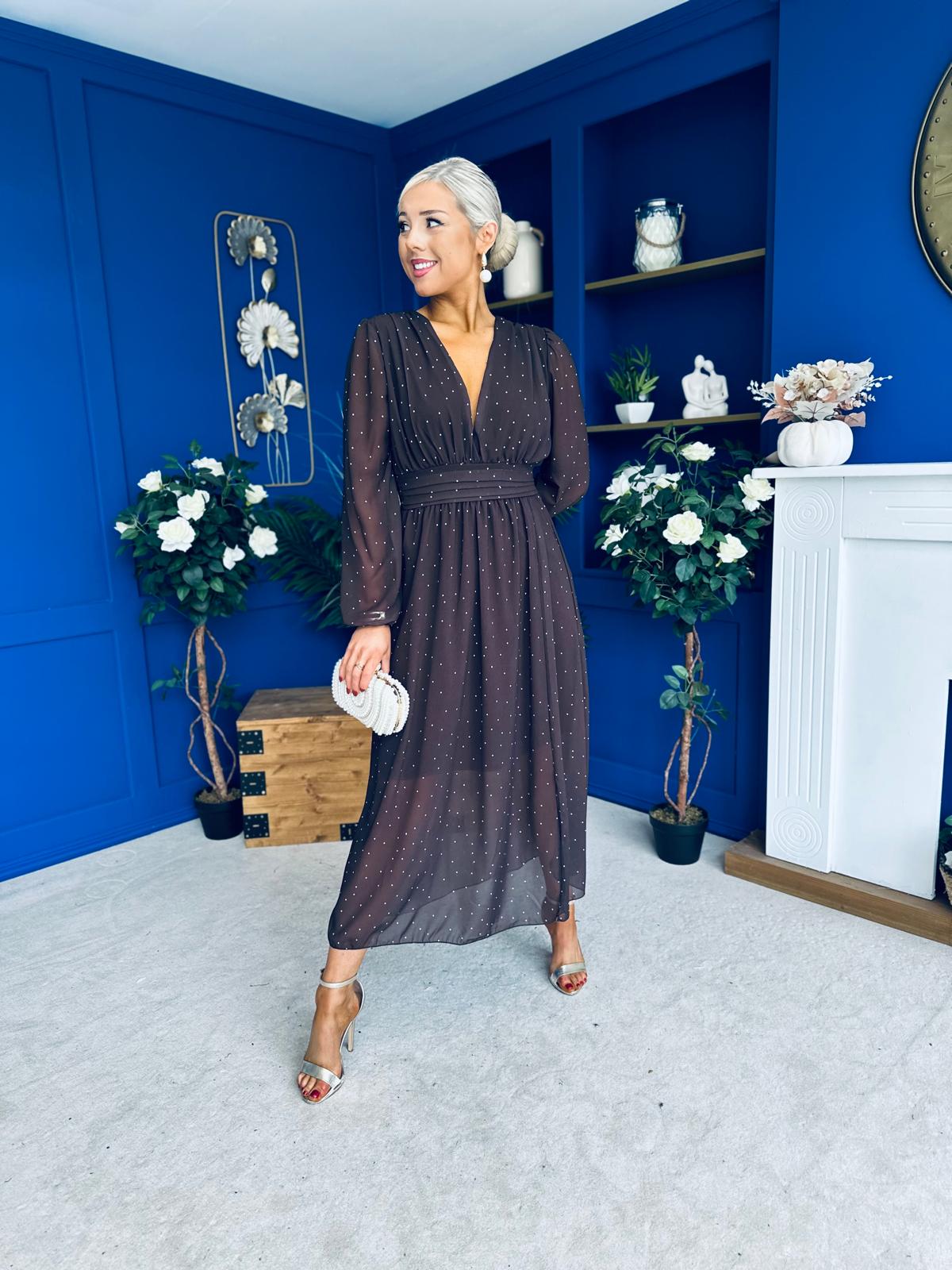 Sabrina Banded Midi Dress Polka Coffee