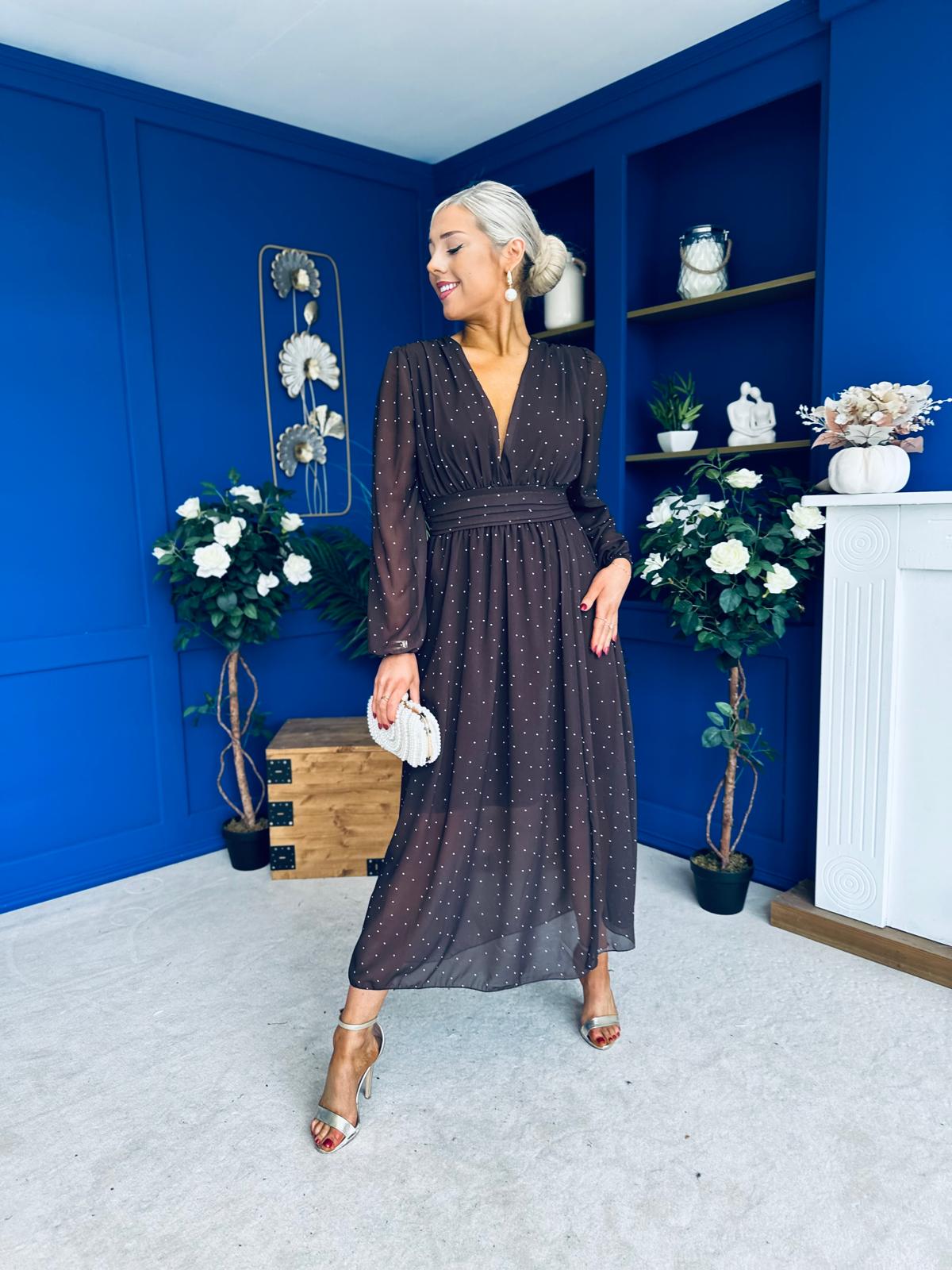 Sabrina Banded Midi Dress Polka Coffee