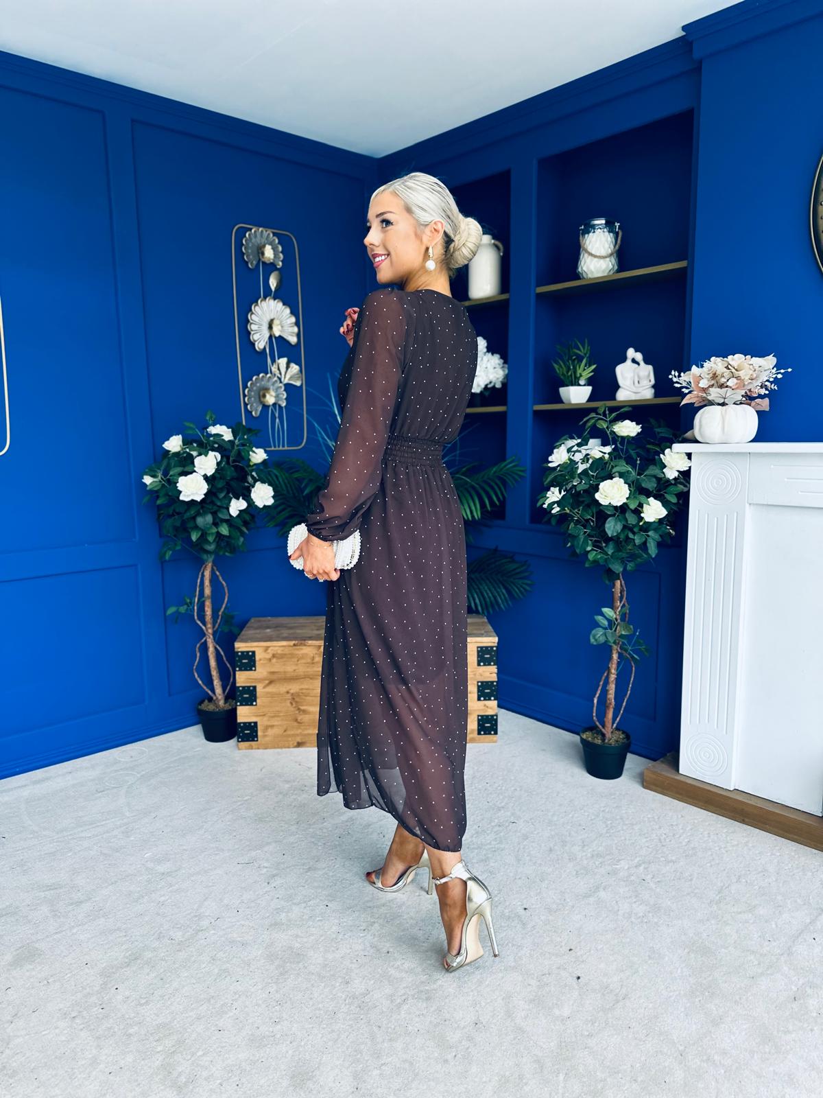 Sabrina Banded Midi Dress Polka Coffee