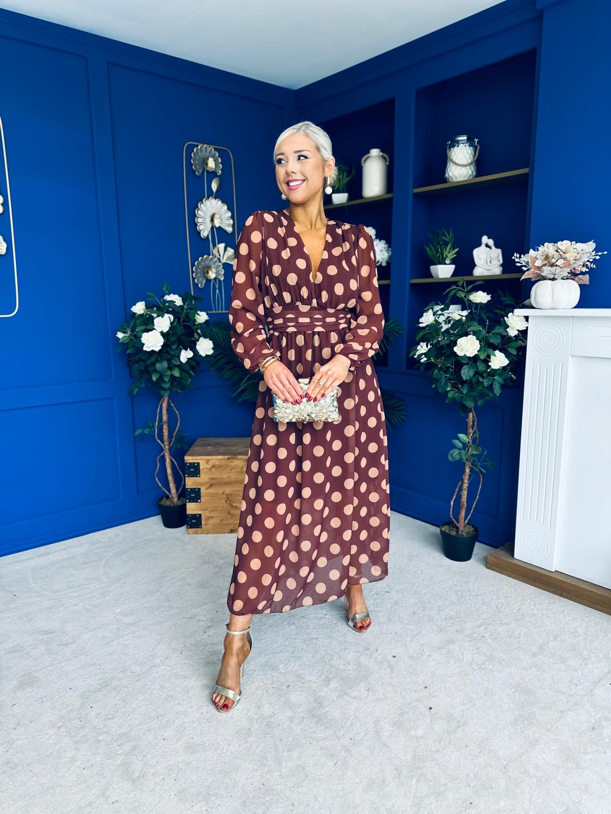 Sabrina Banded Midi Dress Polka Chocolate