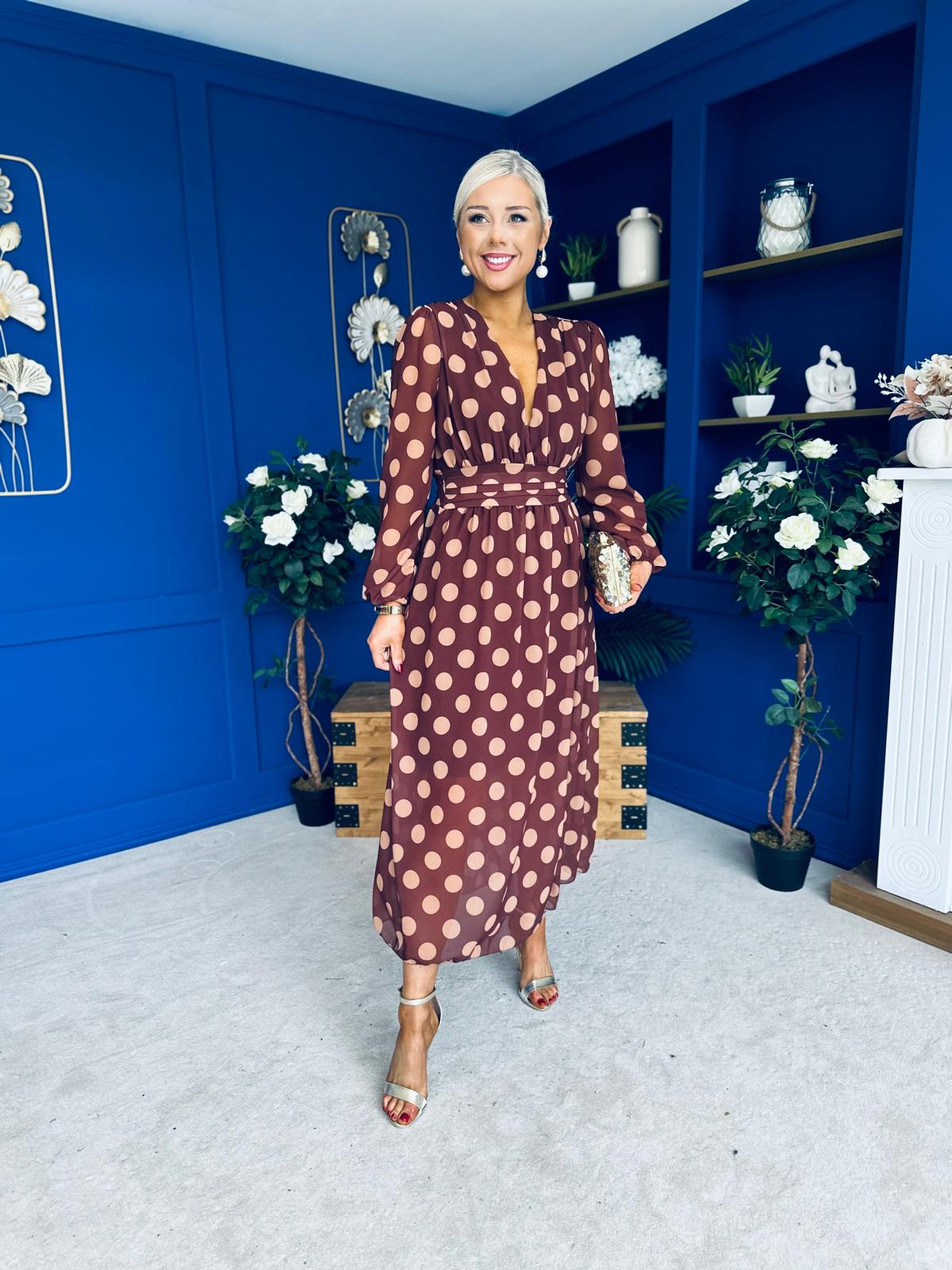 Sabrina Banded Midi Dress Polka Chocolate