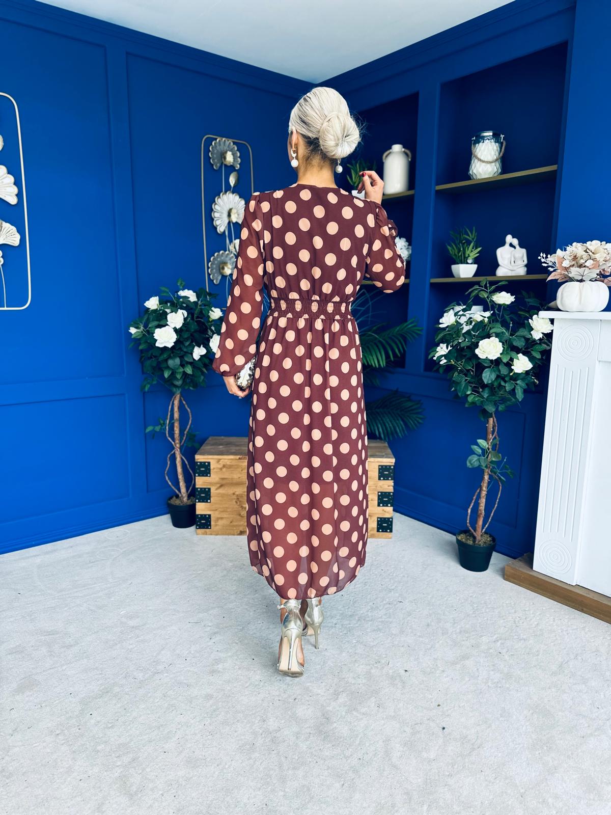 Sabrina Banded Midi Dress Polka Chocolate