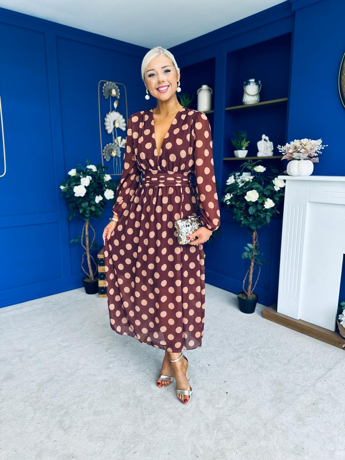 Sabrina Banded Midi Dress Polka Chocolate