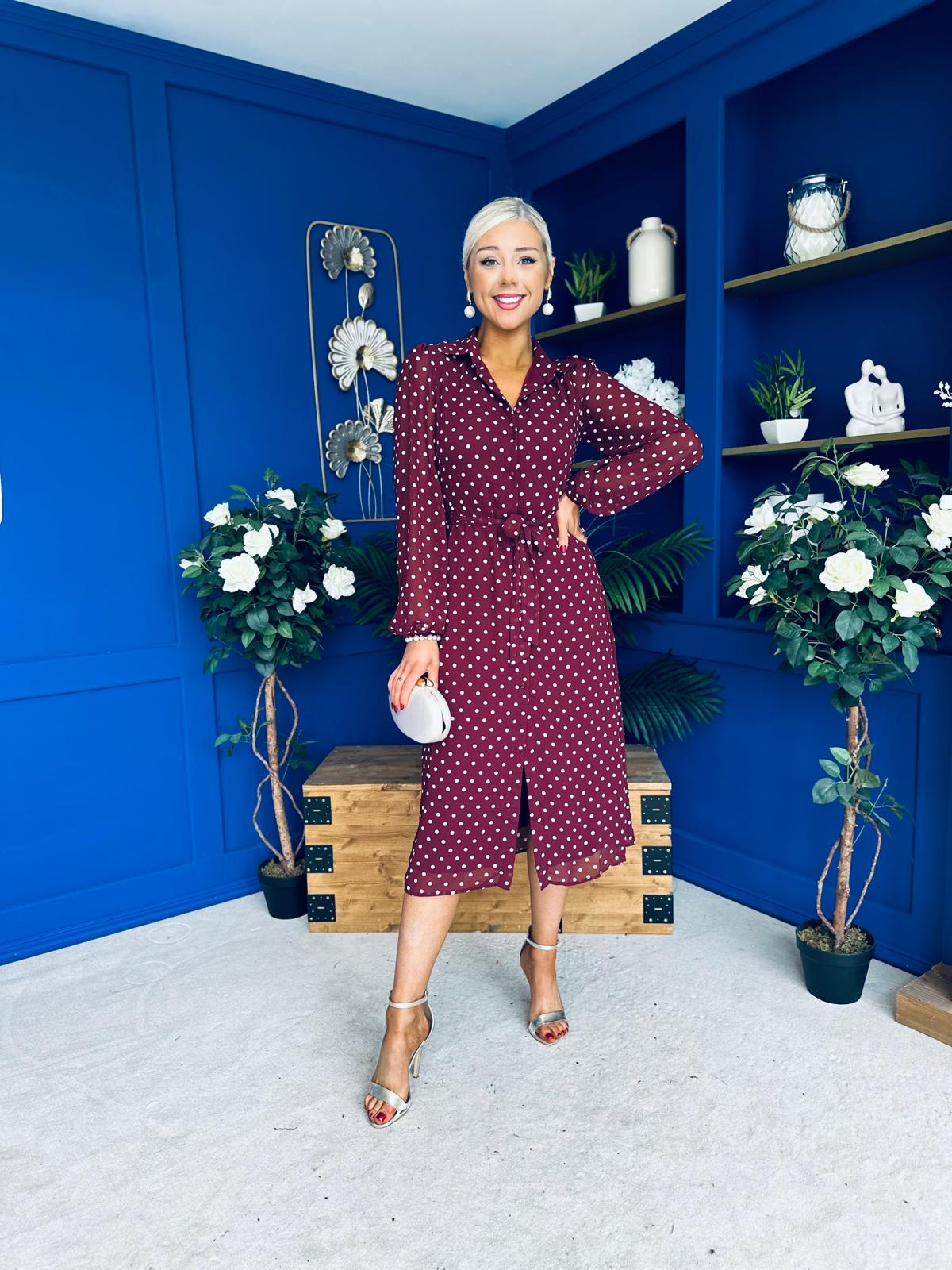 Kaya Print Midi Shirt Dress Polka Wine