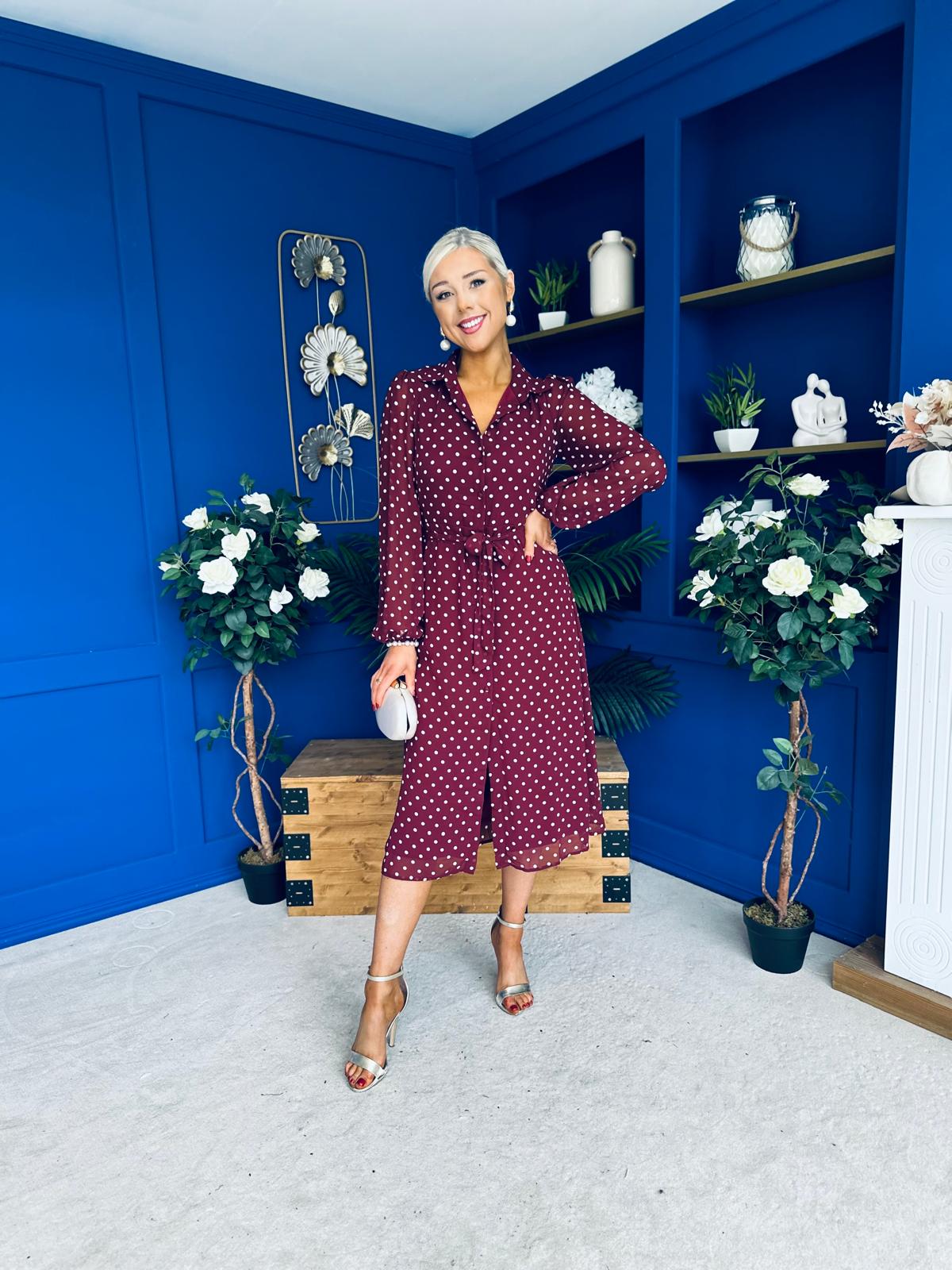 Kaya Print Midi Shirt Dress Polka Wine