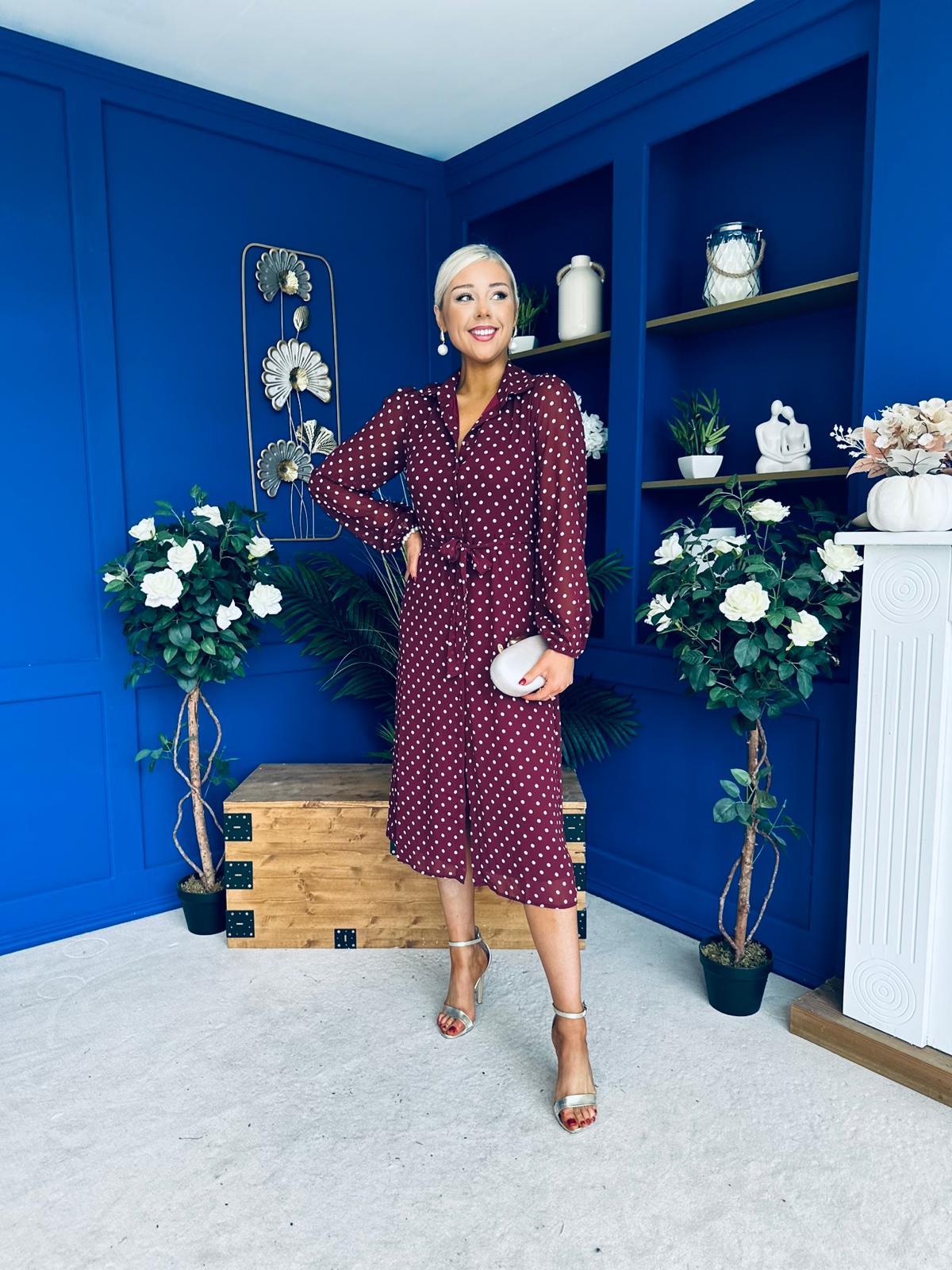 Kaya Print Midi Shirt Dress Polka Wine