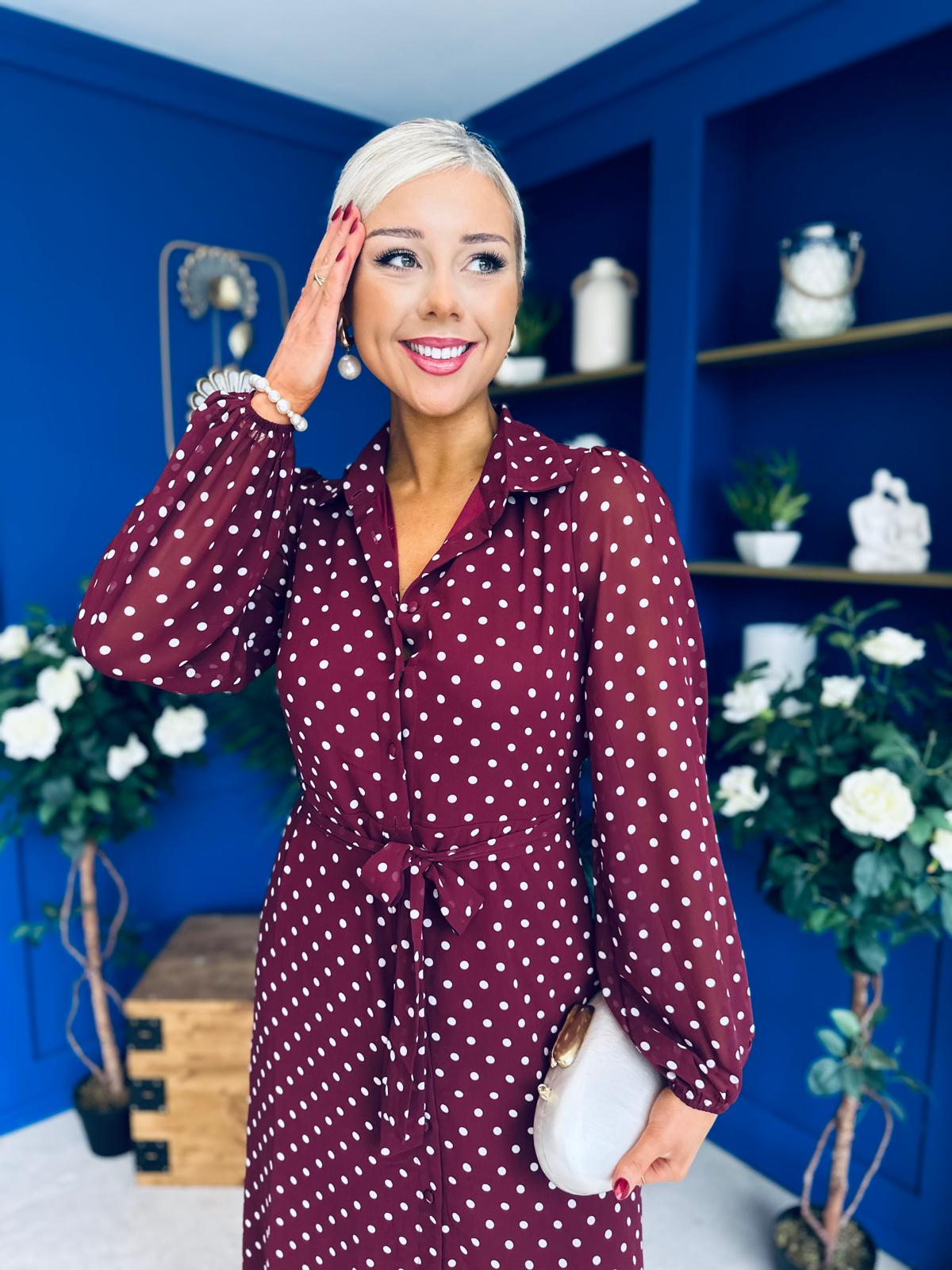 Kaya Print Midi Shirt Dress Polka Wine