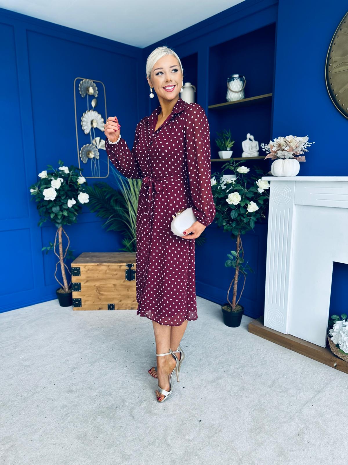 Kaya Print Midi Shirt Dress Polka Wine