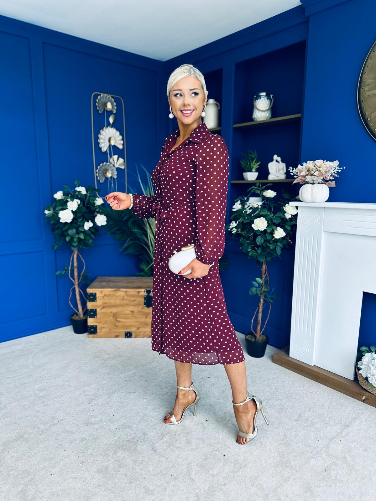 Kaya Print Midi Shirt Dress Polka Wine
